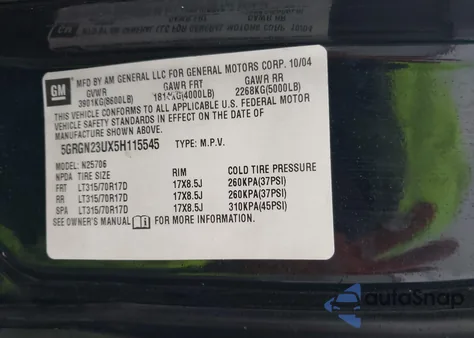 2005 Hummer H2 Suv из США, поврежденный, VIN 5GRGN23UX5H115545